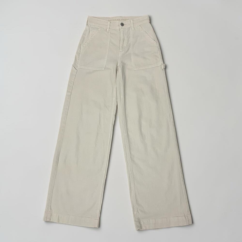 American Eagle Cream Stretch Super High Rise Baggy Wide Leg Pants
